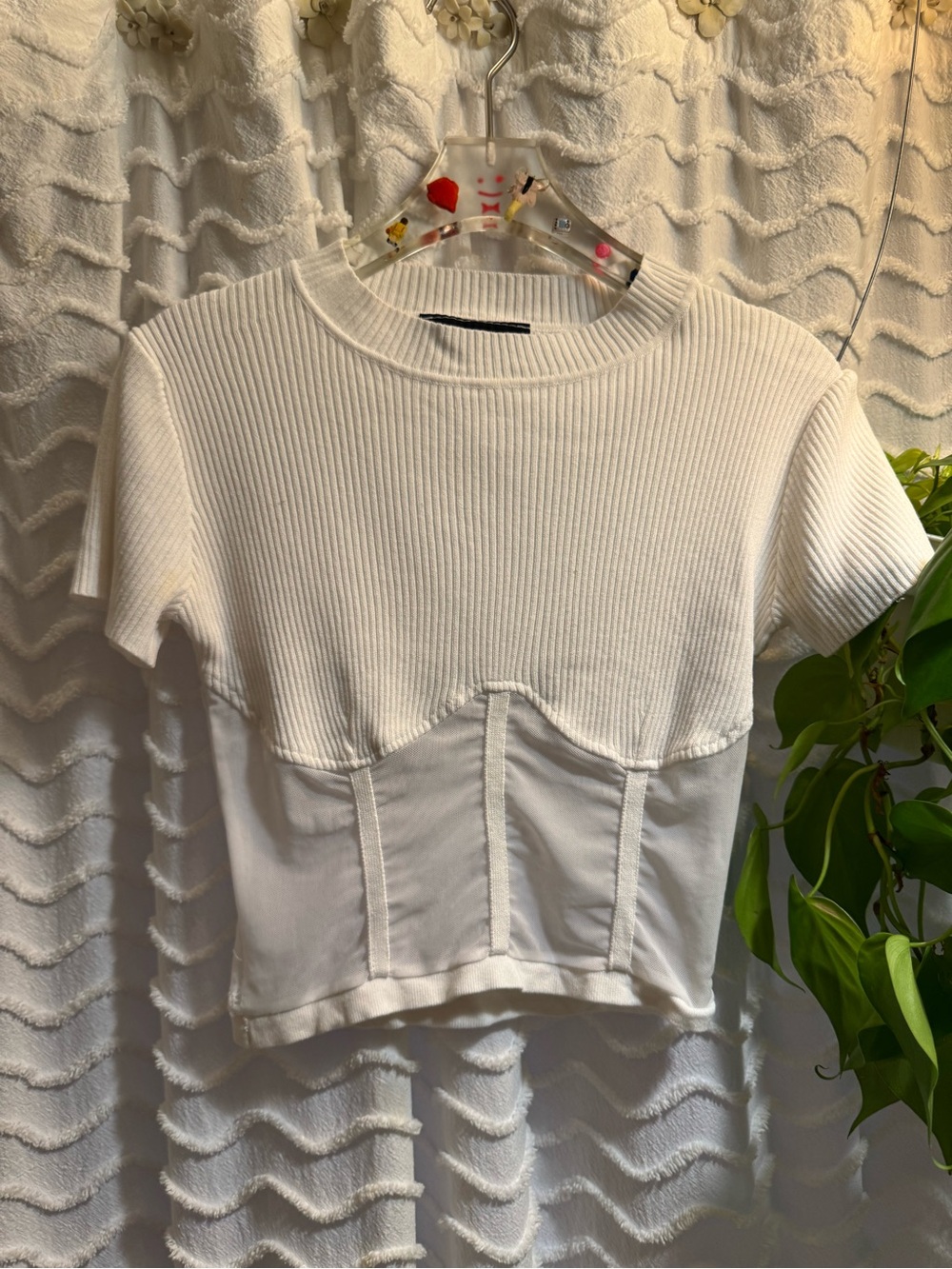 Women's White Short Sleeve Ribbed Corset-Detail Top